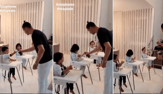 Cristiano Ronaldo le enseña a sus hijos a desinfectarse las manos por el coronavirus.
