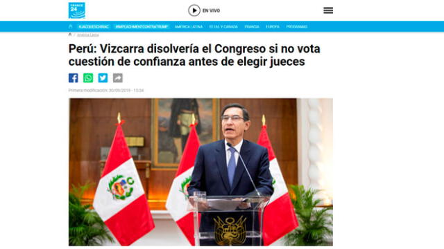 Así informa la prensa internacional planteamiento de presidente Vizcarra de cerrar el Congreso. Foto: captura