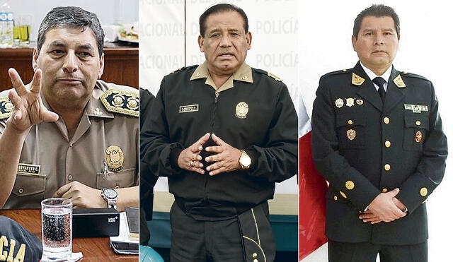 Comandante General PNP, César Cervantes Cárdenas; Subcomandante General, Edgardo Garrido López, e Inspector General, Arquímedes León Velasco.