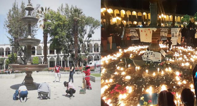 Un grupo de jóvenes llegaron voluntariamente a la Plaza de Armas para limpiar los restos de cera que quedaron a pies del Tuturutu. Foto: Composición La República.