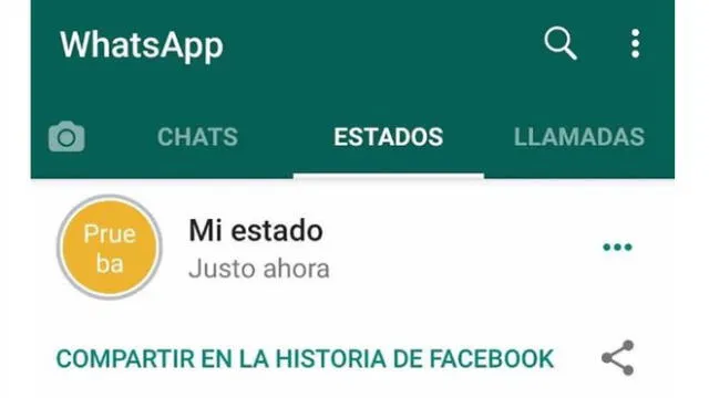 Compartir en la historia de Facebook es el botón para compartir tus estados de WhatsApp.