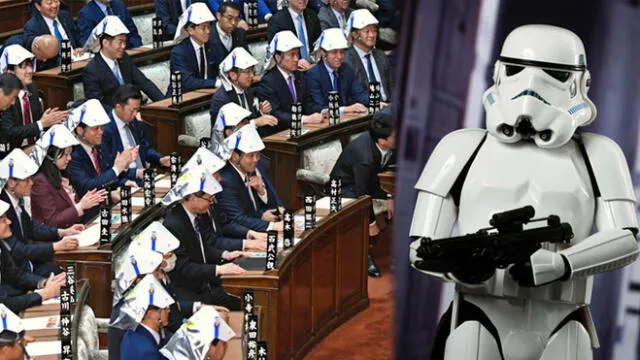 Parlamentarios japoneses estrenaron cascos antisísmicos. Foto: Composición