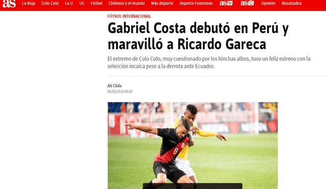 Debut de Gabriel Costa con la selección peruana fue noticia en Chile.