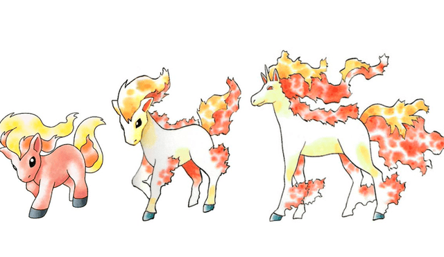Familia evolutiva de Puchikoon - Ponyta (nivel 20) - Rapidash (nivel 40).