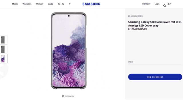 Página de soporte oficial de Samsung con el case para el Galaxy S20.