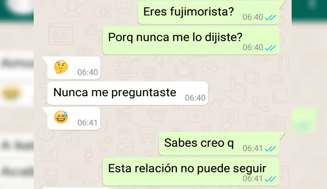 Vía WhatsApp: peruana termina su relación al enterarse que su novio apoya al fujimorismo [FOTOS]