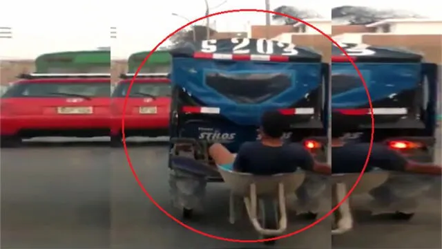 Imprudente joven viaja en carreta jalada por mototaxi [VIDEO]