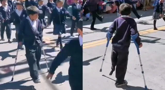 Niño marchó con sus muletas en desfile escolar de Apurímac.