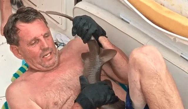 YouTube: se metió al mar a nadar y cuando salió tenía un tiburón bebé clavado en el lugar menos pensado