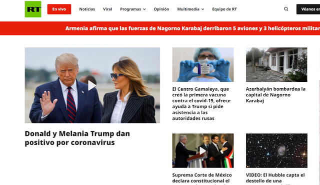 Así informó Russia Today el positivo al Covid-19 de Donald y Melania Trump. Foto: Captura web Russita Today.