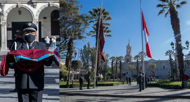 Este año la actividad se vio resumida solo al izamiento de las banderas en la plaza de armas de Arequipa.