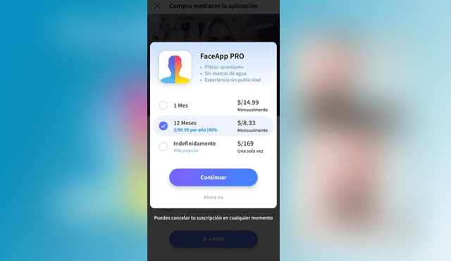 Desliza para tener los detalles de la versión premium de FaceApp. Foto: Captura.
