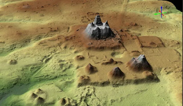 Mapa 3D que muestra el complejo piramidal maya de La Danta, ubicado en el este de El Mirador, en Guatemala Foto: Ancient Mesoamerica (2022)