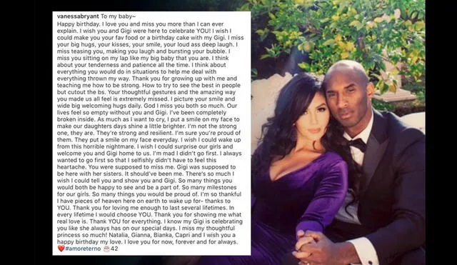 Esposa de Kobe Bryant comparte emotiva carta en Instagram por el que fuera su cumpleaños 42. Foto: AFP