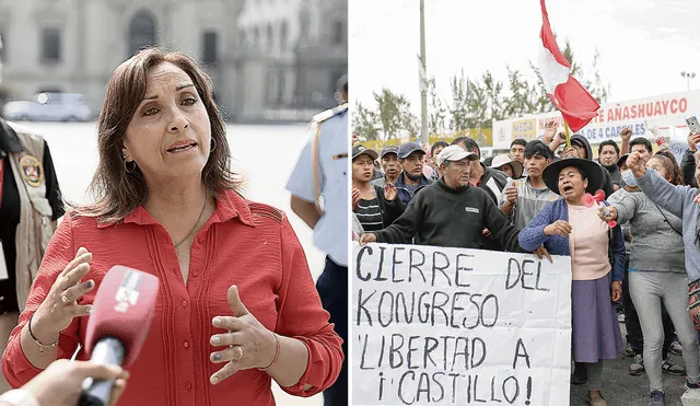 Dina Boluarte, presidenta del Perú, brindando declaraciones en Palacion de Gobierno.