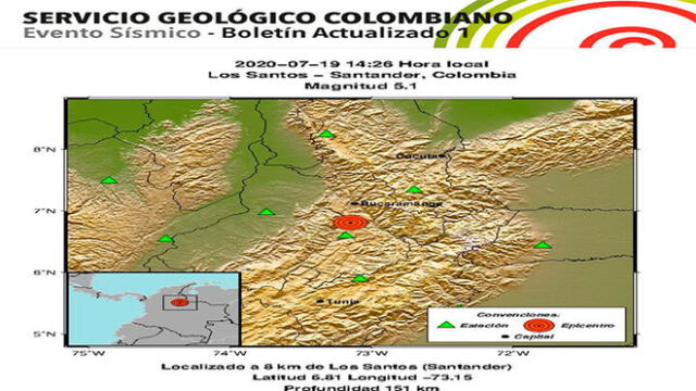 Sismo de magnitud 5,1 remece a varias zonas de Colombia. Foto: Twitter @cgcol.