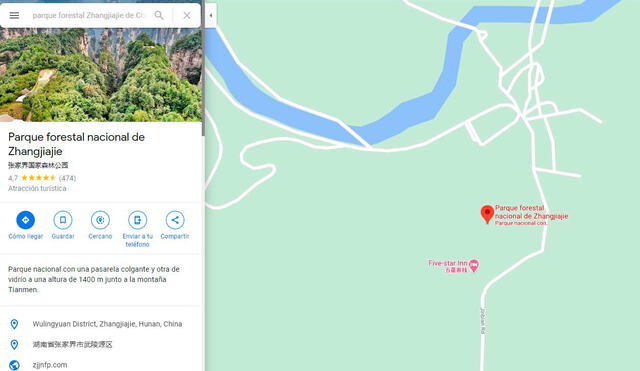 Desliza las imágenes para conocer el Parque Forestal Nacional de Zhangjiajie, lugar que inspiró el mágico lugar mostrado en Avatar. Foto: captura de Google Maps