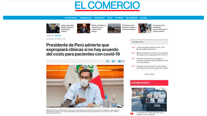 Algunos de los titulares de la prensa mundial sobre el anuncio de Vizcarra. Foto: captura El Comercio (Ecuador).