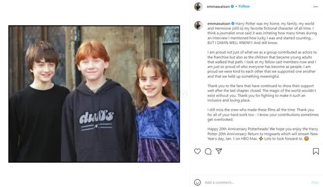 Emma Watson envía mensaje a fans tras confirmar presencia en Harry Potter: regreso a Hogwarts. Foto: Instagram/@emmawatson