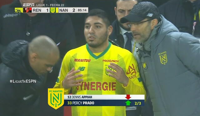 Percy Prado jugó más de diez minutos en la derrota 3-2 del Nantes ante Rennes. Foto: ESPN.