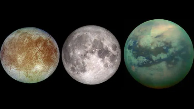 De izquierda a derecha: Europa, satélite de Júpiter; Luna, satélite de la Tierra; Titán, satélite de Saturno. Imágenes: NASA.