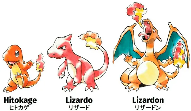 Diseños finales de Charizard para el primer juego de Pokémon (1996).