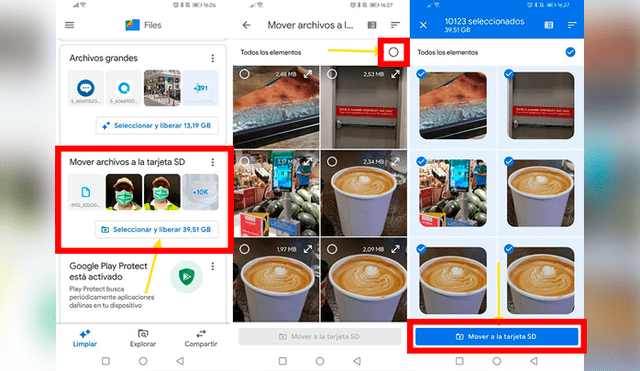 Descarga Google Files en tu Android y busca la opción de mover fotos a SD.