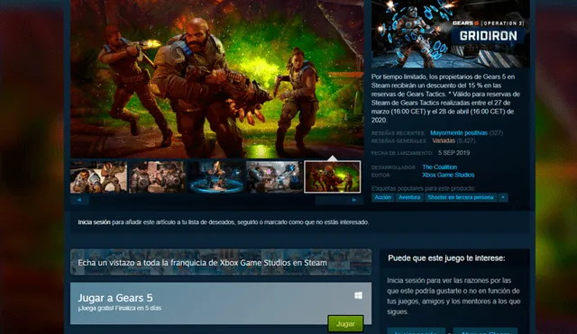 Gears 5 estará gratis en Steam hasta el 12 de abril.