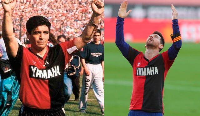 Lionel Messi celebró con la misma camiseta que utilizó Diego Maradona en Newell's Old Boys. Foto. Newell's/ Barcelona