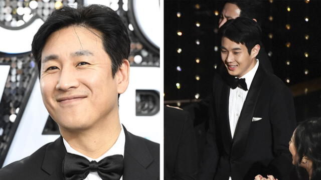 Lee Sun Gyun y Choi Woo Shik en la temporada de premios por Parasite. Foto: AFP