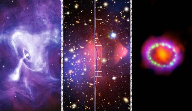 De izquierda a derecha: la Nebulosa del Cangrejo, dos cúmulos de galaxias que chocan y la supernova 1987A | Fotos: NASA