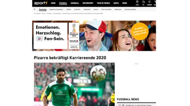 "Pizarro reconfirma el fin de su carrera en 2020", titula Sport1. Foto: Captura
