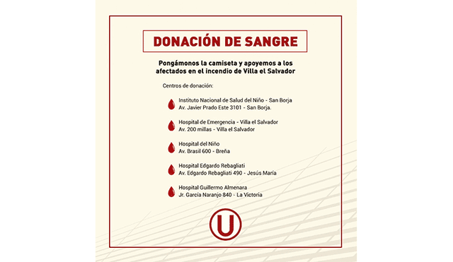 Alianza Lima y Universitario se unen  campaña de donación de sangre para los afectados del incendio en Villa el Salvador.