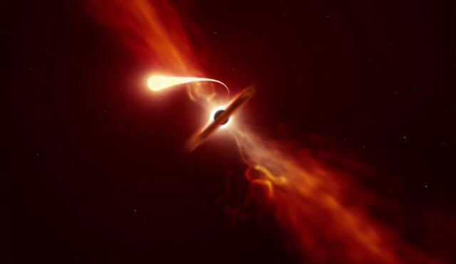Representación del agujero negro devorando una estrella cercana. Foto: ESO.