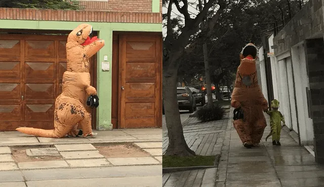 Facebook Viral Captan a hombre vestido de dinosaurio para llevar a su hijo al nido [VIDEO]