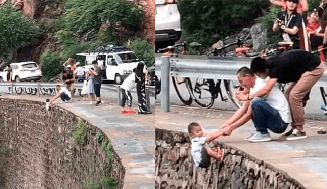 El menor de edad fue puesto en riesgo para que el padre pudiera conseguir una fotografía con la ayuda de otro sujeto. Foto: Weibo