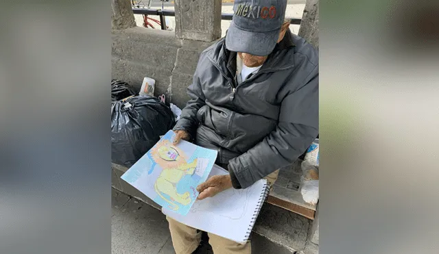 Un anciano sin hogar vende dibujos en la calle para sobrevivir. Foto: Twitter