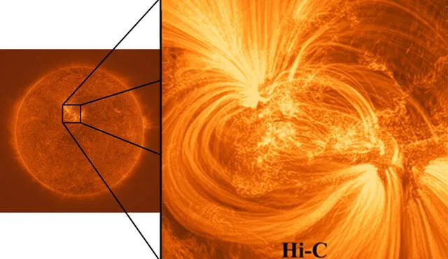 Imagen ampliada de un sector de la atmósfera del Sol. Crédito: UClan/NASA.