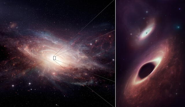 Los astrónomos han descubierto dos agujeros negros muy cercanos entre sí que una vez pertenecieron a dos galaxias distintas. Foto: ALMA / W. Neiss