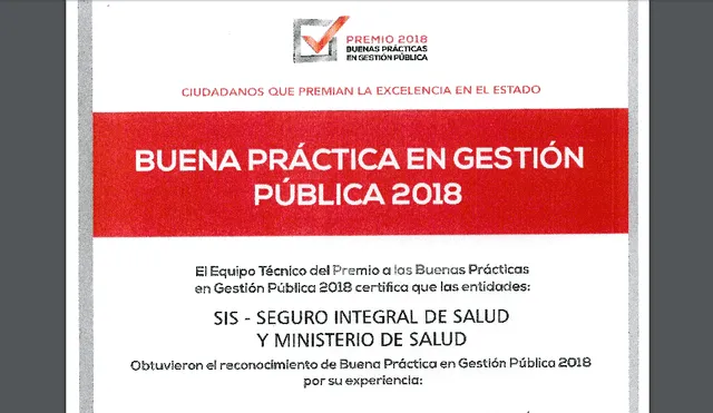 El Seguro Integral de Salud obtiene reconocimiento a las Buenas Prácticas en Gestión Pública 2018