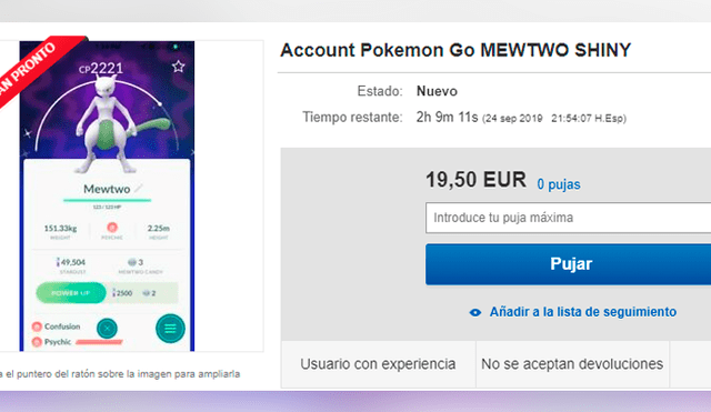 Jugador de Pokémon GO vende a Mewtwo shiny en Ebay