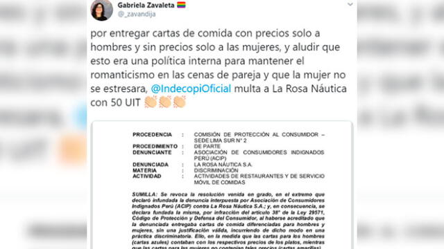 Indecopi multa a La Rosa Náutica con S/210 000 por omitir precios en sus cartas solo a mujeres