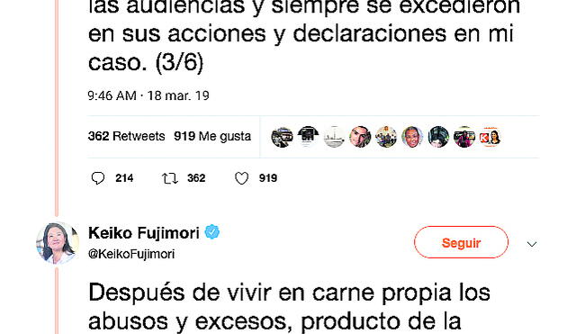Tuits de Keiko Fujimori sobre José Domingo Pérez