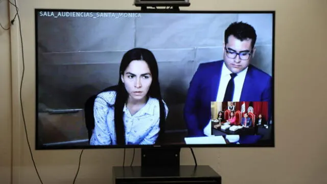 Melisa González Gagliuffi y su abogado participando en audiencia de apelación desde la sala del penal Santa Mónica. (Foto: Corte Superior de Justicia de Lima)