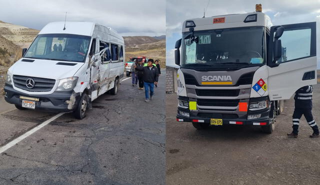 Arequipa. minivan y trailer encapsulado colisionaron con las parte lateral izquierda. Foto PNP
