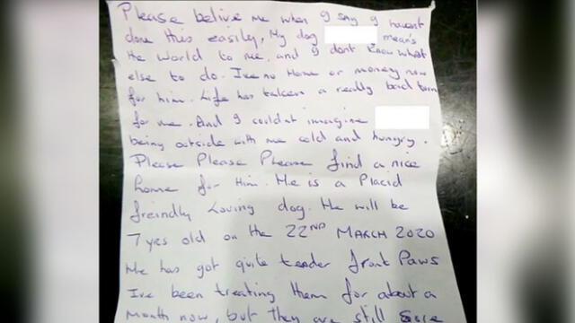 Esta es la carta encontrada junto al perro tras ser abandonado por su dueño. Foto: Difusión