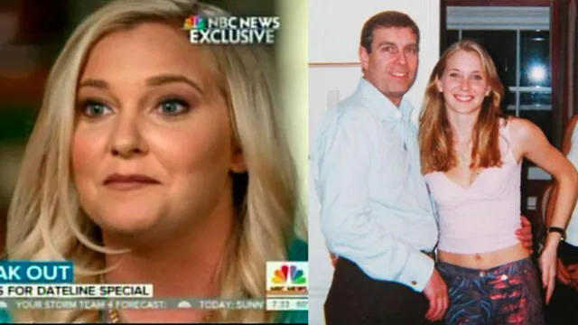 En una entrevista con la cadena NBC, Virginia Giuffre hizo la reveladora acusación contra el príncipe Andrew. Imágenes de la entrevista de ayer (izquierda) y de ambos en el 2001 (derecha).