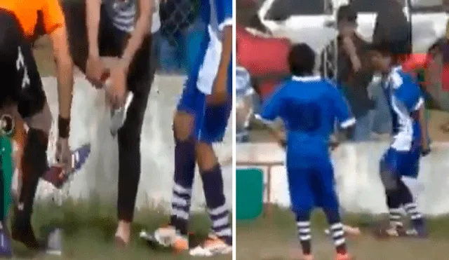 Gesto solidario de árbitro es viral por redes sociales, tras regalar sus chimpunes a futbolista con zapatos rotos.