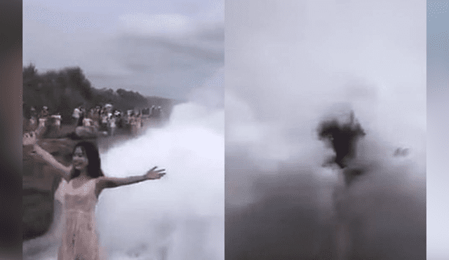 Facebook: chica asiática posa para foto en acantilado, pero sufre terrible impacto del mar [VIDEO]