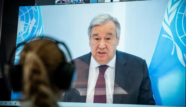 El secretario general de la ONU, Antonio Guterres, en videoconferencia. Foto: AFP.